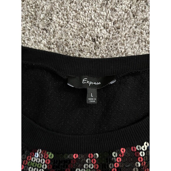EXPRESS Black Red Silver Sequin Pullover Sweatshirt Top 3/4” Sleeve Size Large - Picture 3 of 10